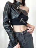Queensays   Gothic Jacket Harajuku Faux Leather PU T Shirt Halter One Shoulder Crop Top Autumn Fashion Tee Shirt Femme Streetwear