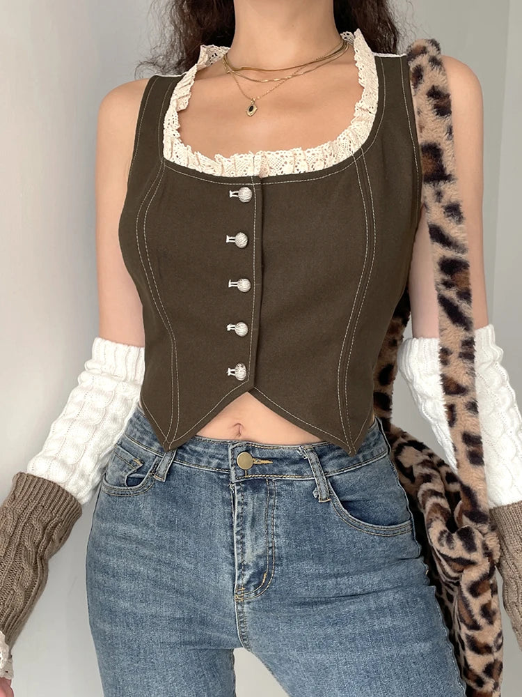 Queensays  Women Camis Tops 90s vintage clothes Sleeveless Sheer Lace Backless Y2K Vest Tees Brown Tank Tops Harajuku Fashion
