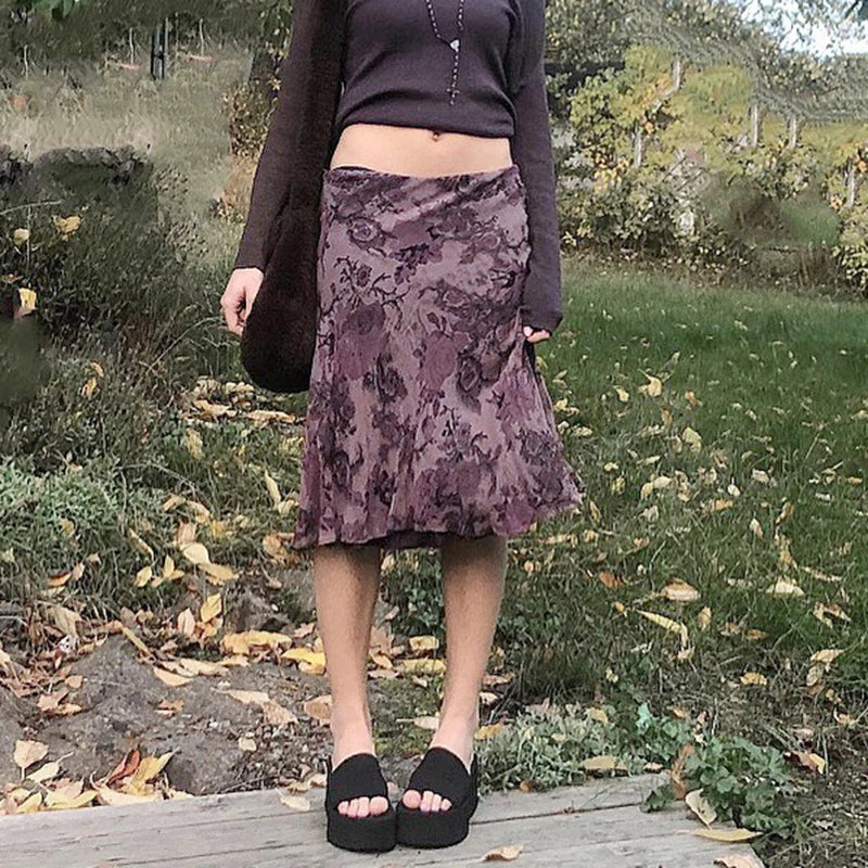Queensays  Harajuku Vintage  A Line Midi Skirts Gothic Grunge Aesthetic Summer Low Waist Skirt Women Summer Floral Print 90s