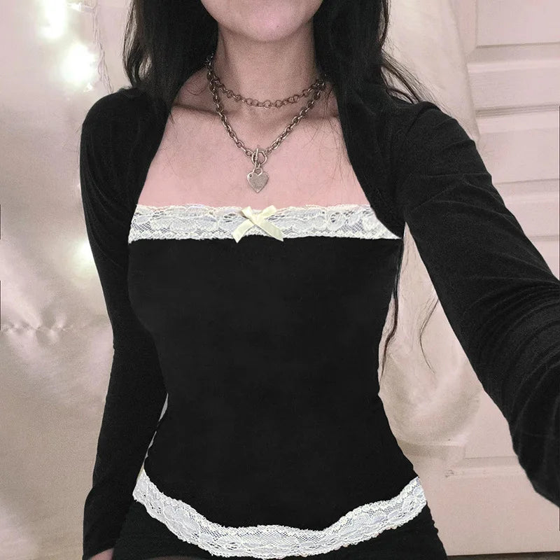 Queensays   Lace Trim Suqare Collar T-shirt Korean Grunge Long Sleeve Slim Fit Tees Cottage Y2K Aesthetic Retro Milkmaid Crop Top