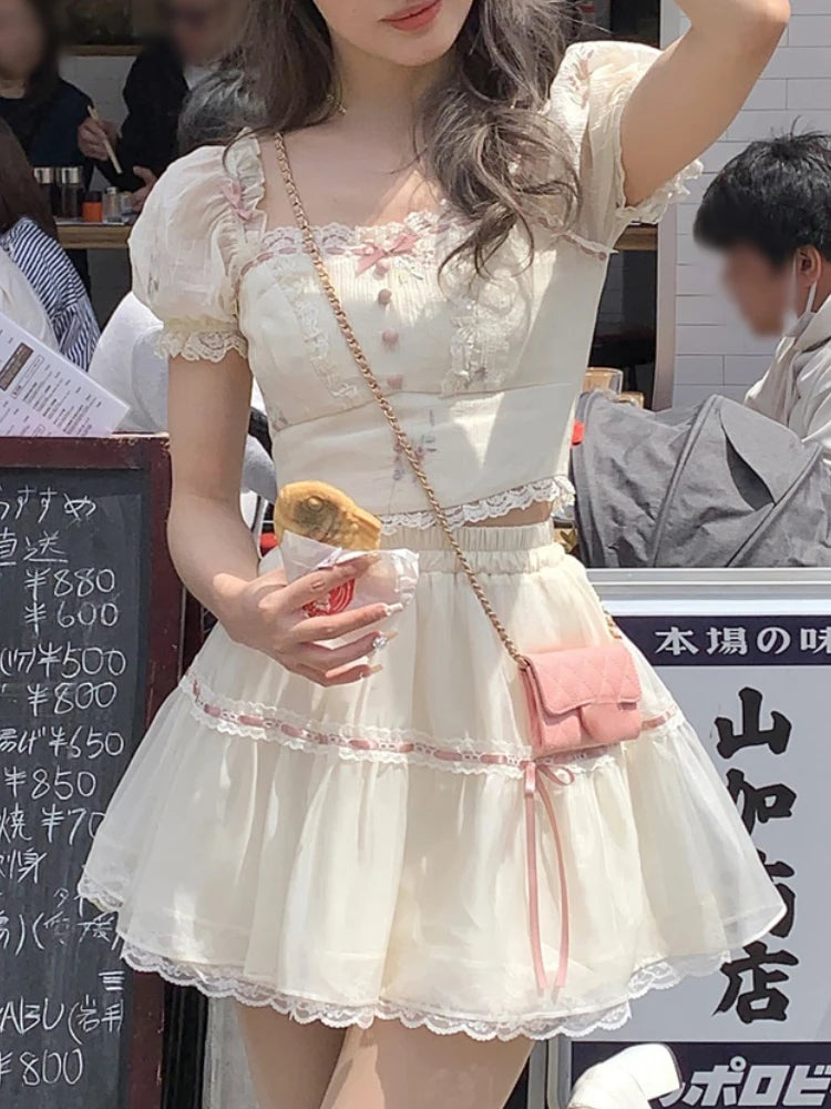 Queensays Japanese Lace Sweet Two Piece Set Women Chiffon Elegant Party Mini Skirt Suit Female Puff Sleeve Blouse + Kawaii Lolita Skirt