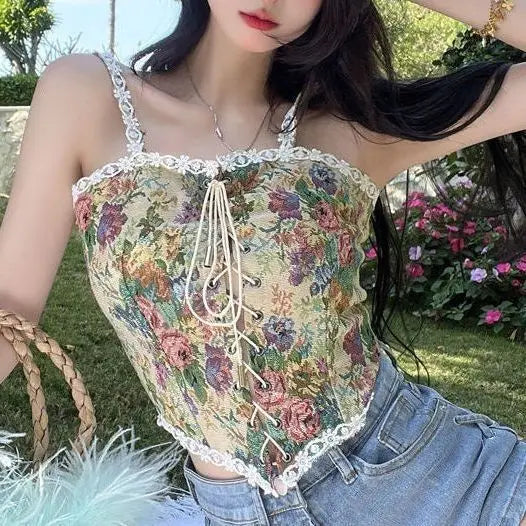 Queensays  Sexy Designer Vintage Print Halter Tops Women Chic Bandage Floral Corset Shirts Female High Street Party Club Ladies Top
