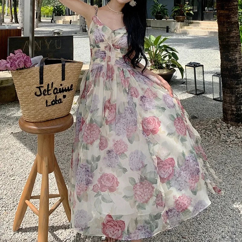 Queensays 2024 Summer Chiffon Beach Maxi Dress Women Fashion Print Floral Backless Bandage Slip Dress Elegant Evening Party Fairy Dresses