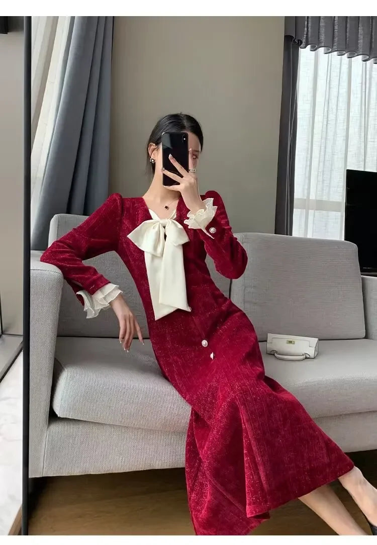 Queensays Vintage Red Wedding Party Midi Dresses for Women Autumn New Elegant Chic Birthday Evening Prom Long Sleeves Female Clothing