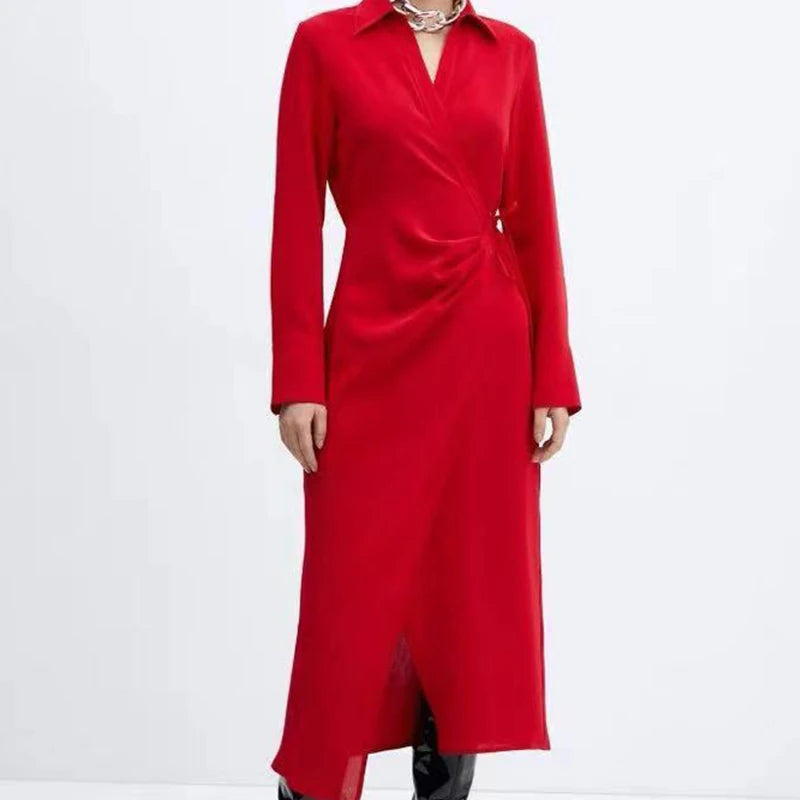 Queensays  New 2024 Women Red Lacing Up Wrap Red Shirt Dress Long Sleeve Lapel Collar Female Spring Dress Midi