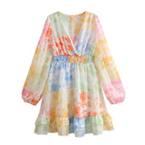 Queensays  Spring 2024 Women Multicolor Print Casual Chiffon Dress Long Sleeve V Neck Elastic Waist A-line Mini Dress Holiday
