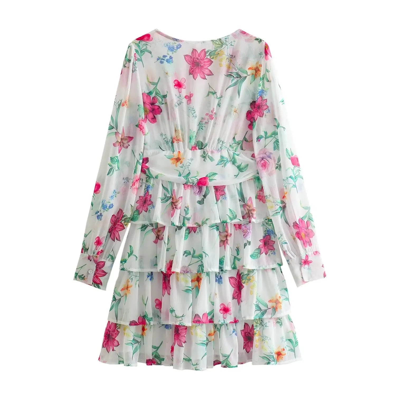 Queensays  Spring 2024 Women Floral Print Layered Sweet Dress Long Sleeve V Neck Ladies A-line Mini Party Dresses Beautiful Robe