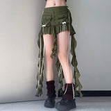 Queensays  Y2K Women Ruffles Hem Short Skirt Bow Detail Chic Kawaii Girly Miniskirt Korean Streetwear Low Waist Cute 90s Outfits