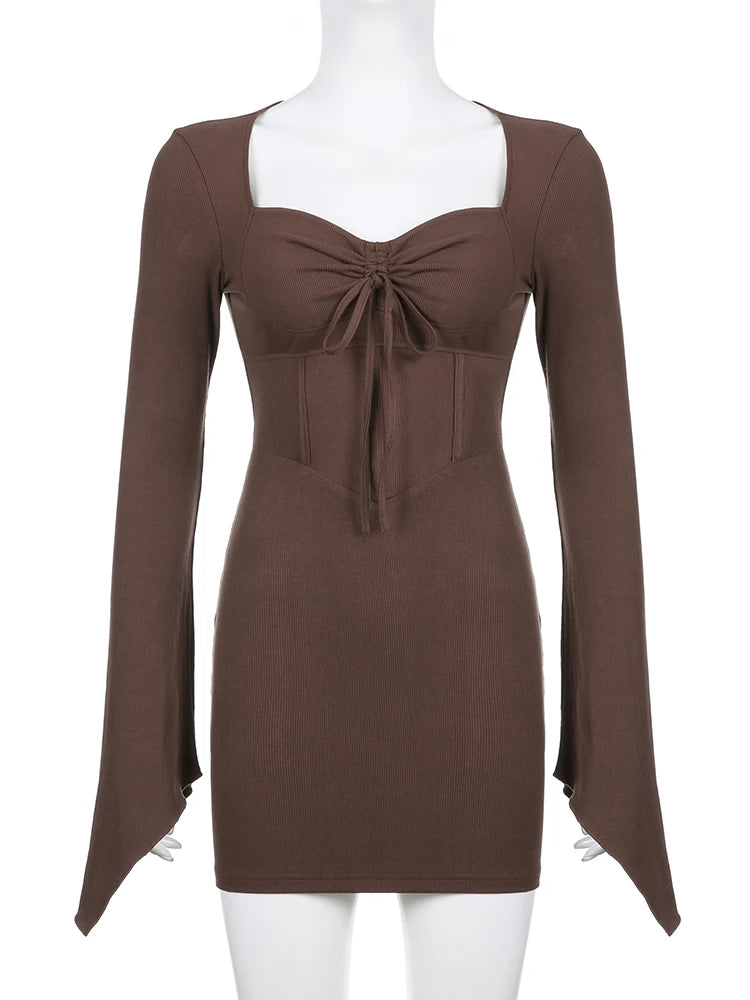 Queensays  Vintage Brown Women Corset Dress Sexy Chic Fashion Lady Full Sleeve Party Drawstring Bodycon Dresses Elegant Outfits