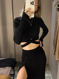 Queensays  New White Knit Two Piece Women Sets Fall Ribbed Crop Top And Pleated Knitted Skirt Suits For Women Midi Dress Sets