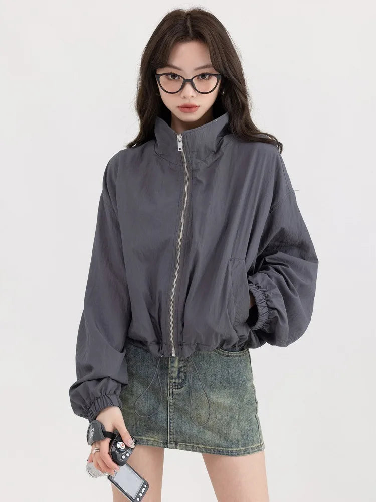 Queensays  Korean Y2K Dark Grey Jackets Women Windbreaker Crop Jacket Female Harajuku Korean Oversize Zip Up Outdoor Tops