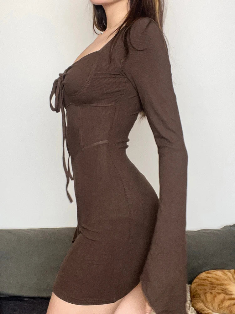 Queensays  Vintage Brown Women Corset Dress Sexy Chic Fashion Lady Full Sleeve Party Drawstring Bodycon Dresses Elegant Outfits