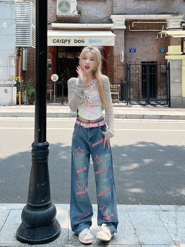 Queensays Letter Embroidery High Waisted Jeans Woman High Street Vintage Harajuku Baggy Jeans Women Clothing Wide Leg Women Jeans Pants