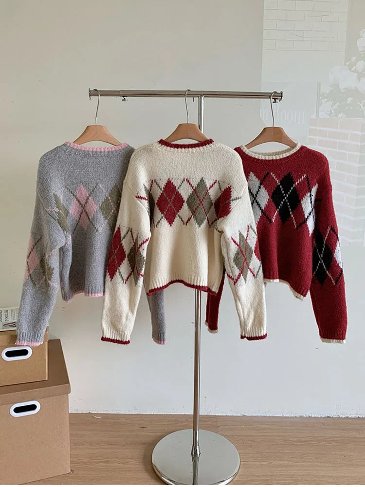 Queensays Korean Fashion Knitted Pullovers Women Long Sleeve Autumn Winter Square Plaid Sweater Cozy Tide Loose Oversize Tops Harajuku