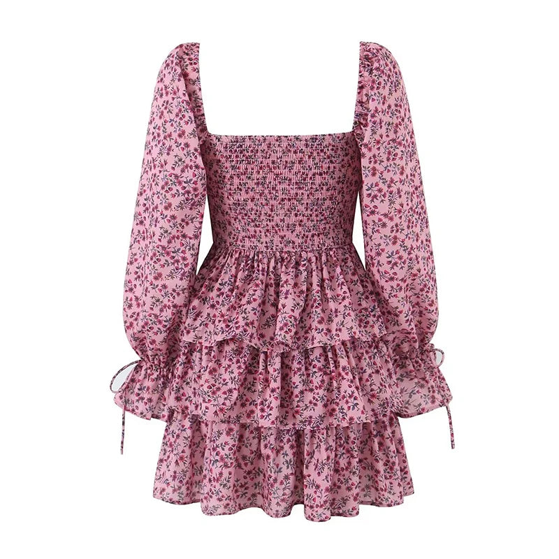 Queensays  Sexy Elegant Women Front Lacing Up Puff Sleeve Cake Dresses Vintage Floral Print Ladies Party Mini Dress Holiday Robe