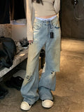 Queensays Woman Y2k Grunge Baggy Low Waist Bottoms Hole Ripped Jeans Denim Pants Floor-Length Vintage Trousers Japanese Kpop  2000s Baddie