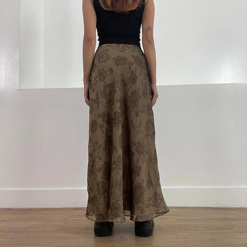 Queensays   Autumn Long Skirt Vintage Floral Print Low Rise  Ladies Skirts Aesthetic Y2K High Street Retro Mesh Chic Skirt Casual