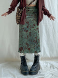 Queensays  Vintage Long Skirt Green Floral Print Women Y2K High Street Grunge Fashion Elegant Mid-Calf Skirt Autumn Winter