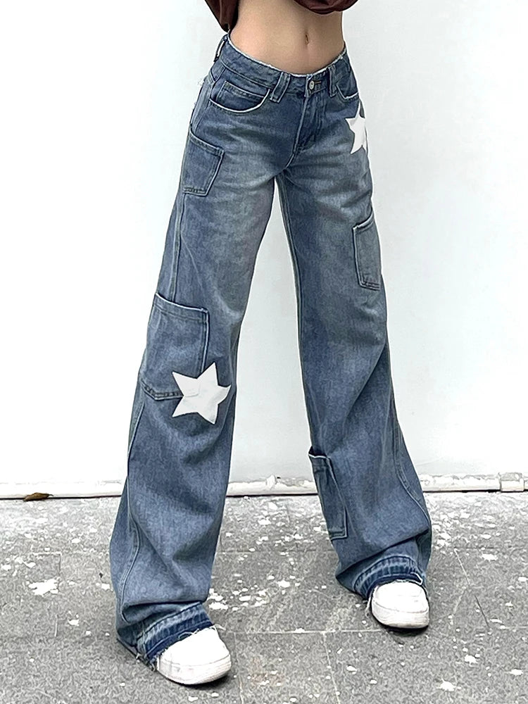 Queensays  Star Print Women Y2K Jeans Low Rise Pockets Harajuku Casual High Street Denim Pants Fashion Hip Hop Female Trosuers