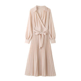 Queensays  Spring 2024 Women Beige With Belt Wrap Pleated Dress Long Sleeve Lapel Collar Female Midi Casual Dresses