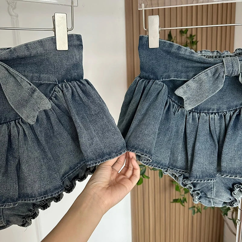 Queensays A-line Women Denim Blue Jean Skirts Shorts Summer Bow Hot Girls Mini Skirt Streetwear Sexy Y2k Irregular Kawaii Coquette
