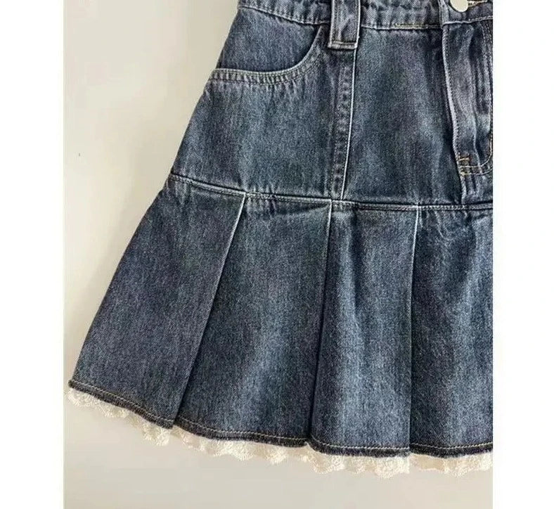Queensays Blue Denim Skirt Women Sweet Lace Patchwork Y2k Pleated Mini Skirts Girl Korean Fashion Slim High Waist A-line Casual Streetwear