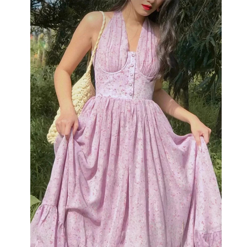 Queensays Sweet Floral Print Sexy Backless Halter Long Dress Women Summer French Holiday Party Dresses Maxi Robe