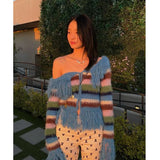 Queensays  Y2k Off-shoulder Knitwears Cardigan Contrast Color Striped Design Sweater Coat Winter Clothes Women Sueters