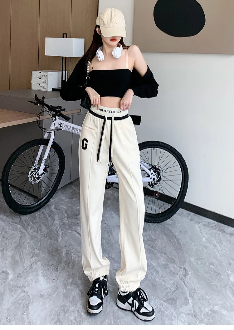 Queensays All-match Letter Embroidery Sweatpants Autumn Winter Regular/Plush and Thicken Casual Drawstring Splicing Pockets Trousers