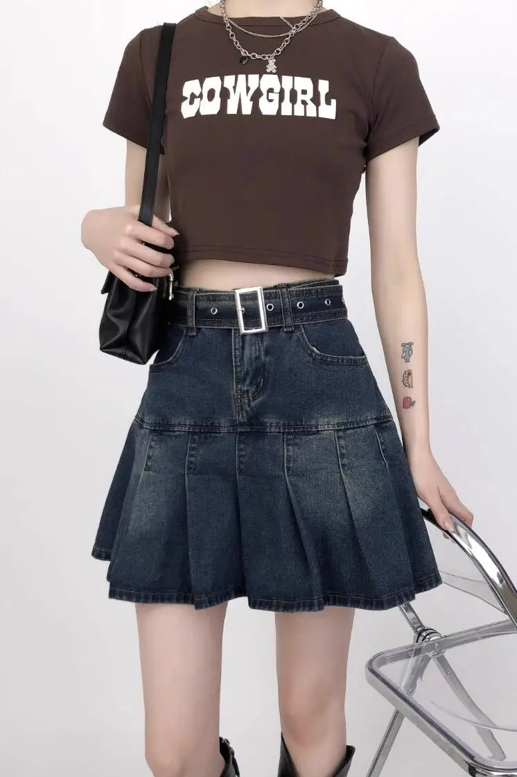 Queensays Korean Y2K Style Harajuku High Waist High Street Jeans Skirts Summer Women's Sexy Loose Fit Hotsweet Denim Pleated Skirt