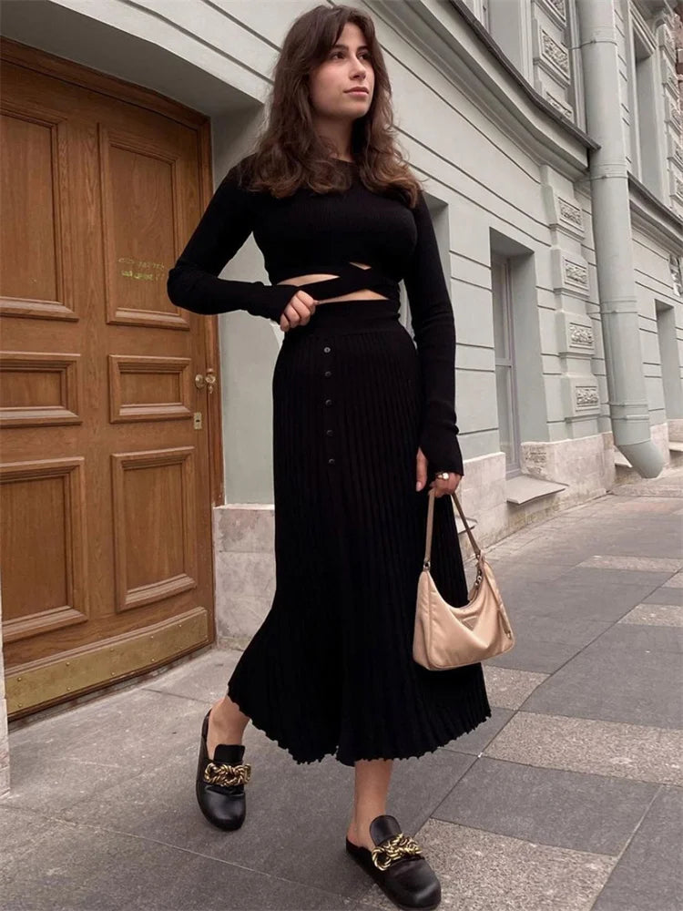 Queensays  New White Knit Two Piece Women Sets Fall Ribbed Crop Top And Pleated Knitted Skirt Suits For Women Midi Dress Sets
