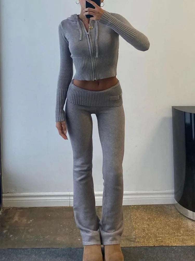 Queensays  Knit Fashion 2 Piece-Set Trousers Hoodie Tracksuit Women Crop top Knitwear And Women's Pants Sets Female Trousers Outfits