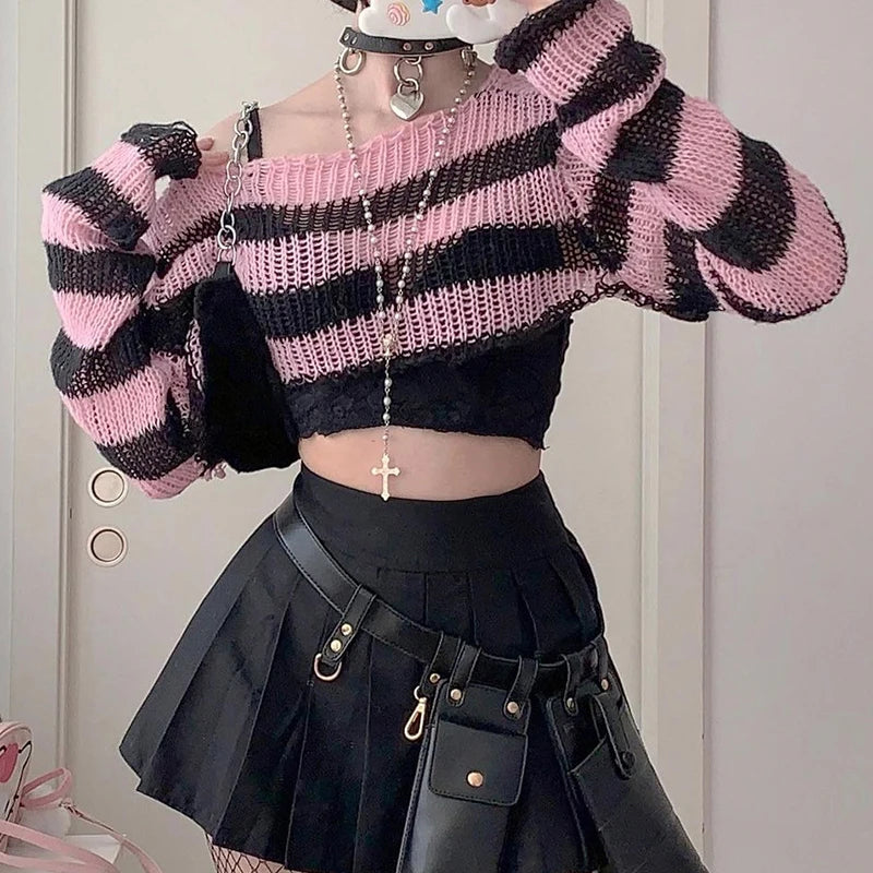 Queensays  Y2K Hotsweet Girl Crop Sweater Black Pink Striped Long Sleeve Smock Pullovers Japanese Style Kawaii Women Knit Tops