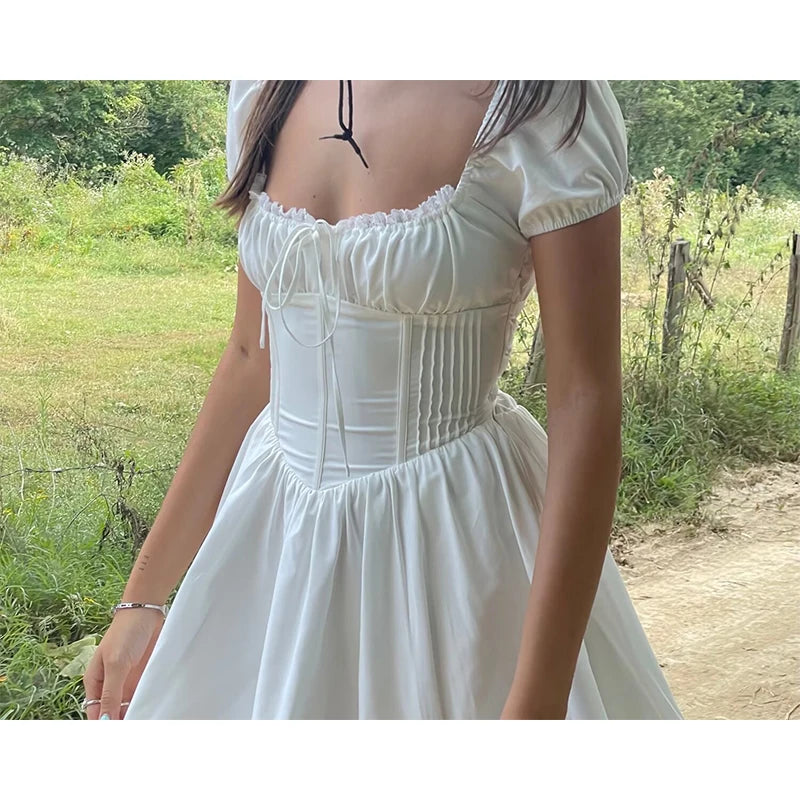 Queensays New Women Sweet Lace Trim Slim White Dress Short Sleeve Lace Up Back Female Holiday Party Casual Dress Summer Robe Cotton