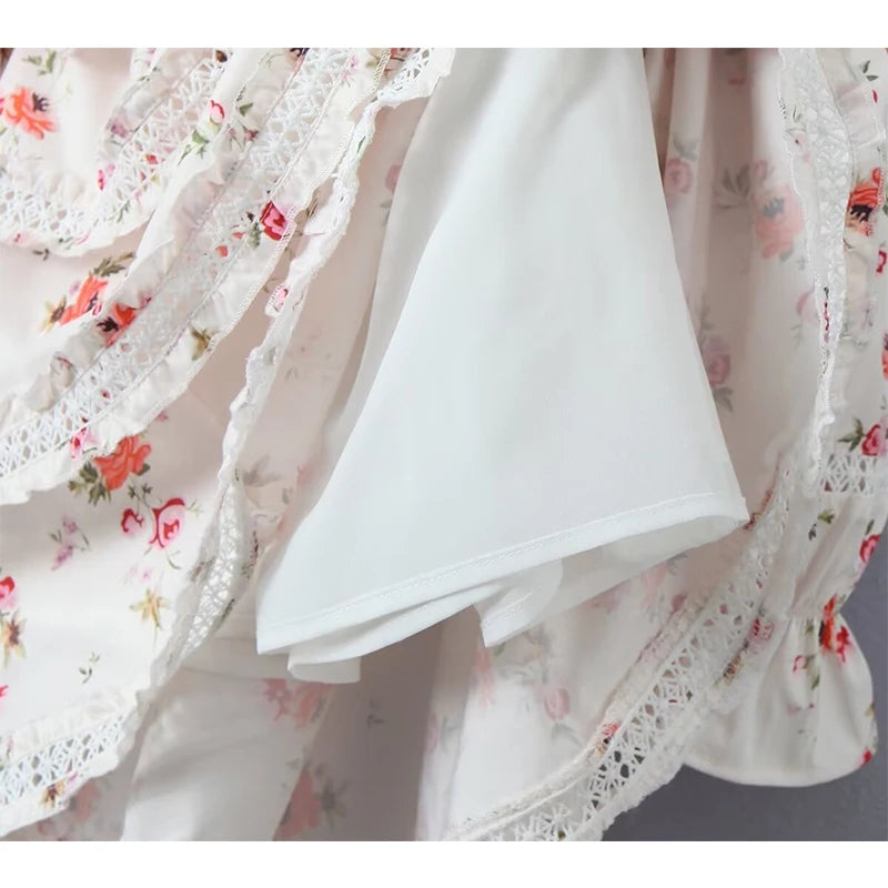 Queensays  Elegant Women Lace Trim Ruffle Floral Print Mini Dress Vintage Elastic Waist Female High Quality Robe