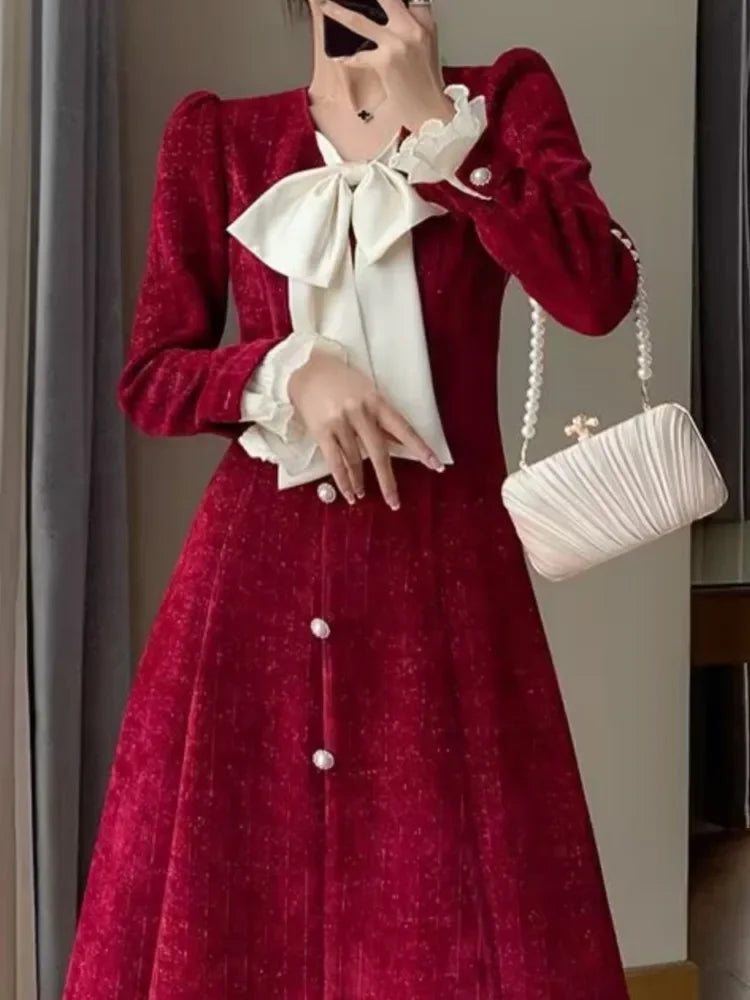 Queensays Vintage Red Wedding Party Midi Dresses for Women Autumn New Elegant Chic Birthday Evening Prom Long Sleeves Female Clothing