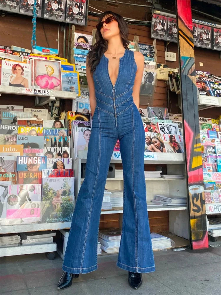 Denim Backless Sleeveless Jumpsuits Female Hollow Out Slim Fashion Heart Cutout Y2k Bodycon Jeans High Street Jumpsuits