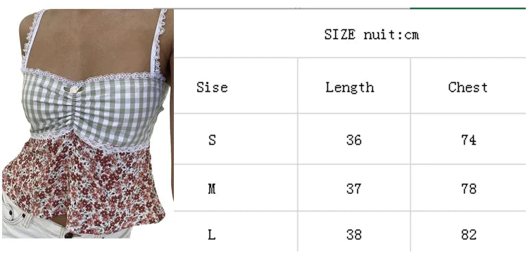 Queensays  Plaid Floral Print Milkmaid Tops 00s Retro Coquette Camis Fairycore Y2K Lace Trim Backless Tie Up Crop Tops Chic Cute Mini Vest