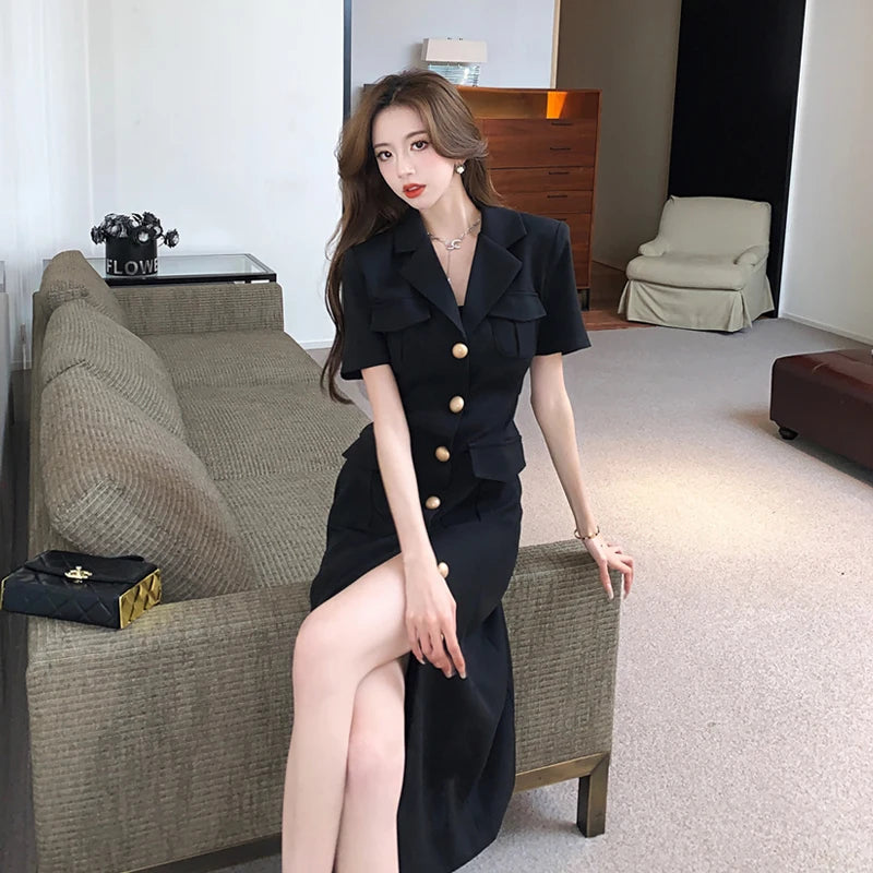 Queensays French Elegant Suit Collar Midi Dresses for Women Summer New Vintage Fashion High Waist Short Sleeves Black Female Clothing