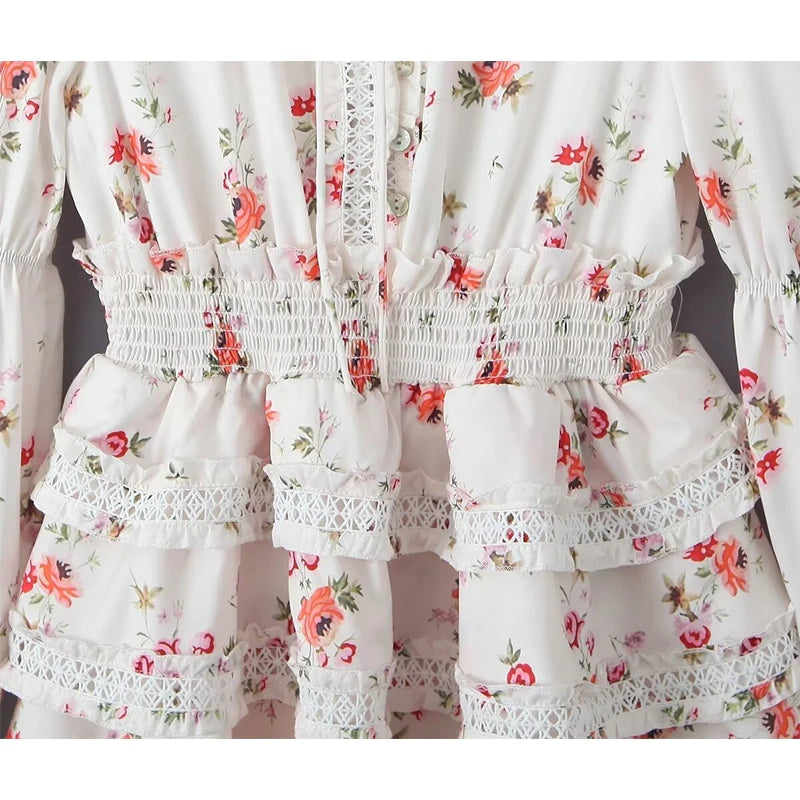 Queensays  Elegant Women Lace Trim Ruffle Floral Print Mini Dress Vintage Elastic Waist Female High Quality Robe