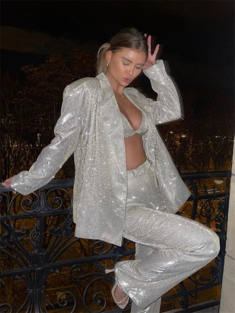 Queensays  Glitter Silver Party Two Piece Pants Set Women Club Night Outfits Fashion Sparkly Blazer Matching Sets Femme Tracksuit