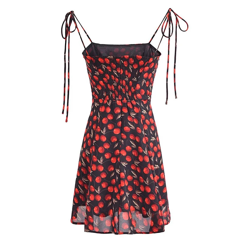 Queensays  French Cherry Print Spaghetti Strap Mini Dress Sexy Bow Holiday Women's Dress Summer Chiffon Robe