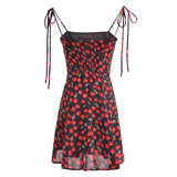 Queensays  French Cherry Print Spaghetti Strap Mini Dress Sexy Bow Holiday Women's Dress Summer Chiffon Robe