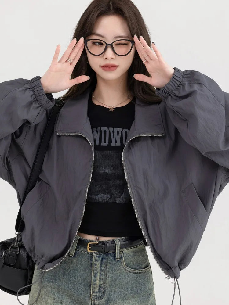 Queensays  Korean Y2K Dark Grey Jackets Women Windbreaker Crop Jacket Female Harajuku Korean Oversize Zip Up Outdoor Tops