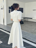 Fashion Korean Sweet Elegant 2 Piece Set Spring Summer Office Lady Skirt Suits Ruffles Polo Collar Knee-length Dresses for Women