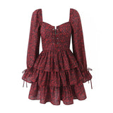 Queensays  2024 Women Front Lacing Up Wine Red Floral Print Dress Vintage Puff Sleeve Layered Ruffle Hem Cake Mini Dress Holiday
