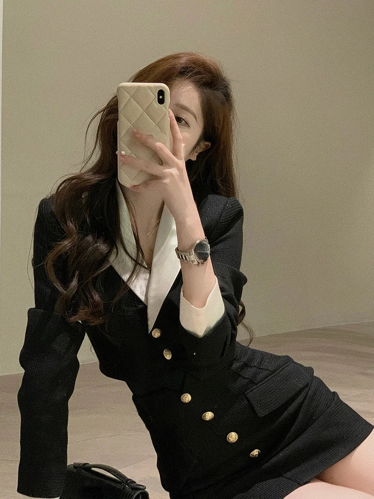 Queensays Black Y2k Mini Skirt Set Women Casual Korean 2 Piece Dress Set Crop Tops Jacket Tops + Short Skirts Elegant Suit Autumn New