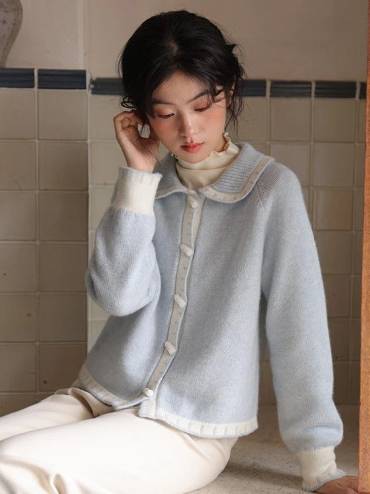 Queensays Milk Blue Horn Button Cardigan Women Winter Temperament Sweater New Loose Lazy Gentle Doll Collar Knitwears Coat