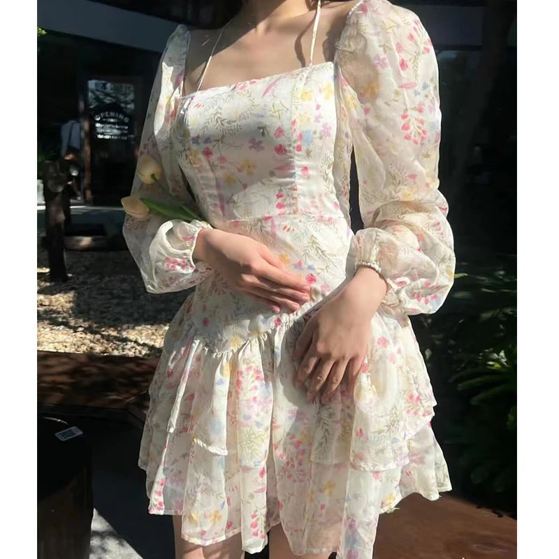 Queensays Spring 2024 Sweet Women Floral Print Chiffon Dresses Long Sleeve Square Neck Female Holiday Party Mini Dress Summer Robe