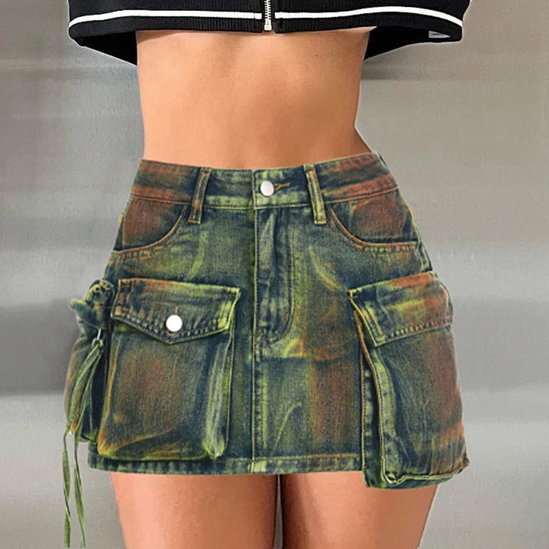 Queensays  High Street Big Pockets Denim Skirt For Women Vintage Tie Dye y2k Jeans Skirts Fashion Club Outfits Bottoms Clothes